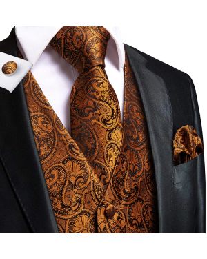  Vintage Luxury Golden Paisley Vest and Tie Cufflinks Set